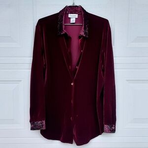 Women's Burgundy Velvet Button Down Shirt